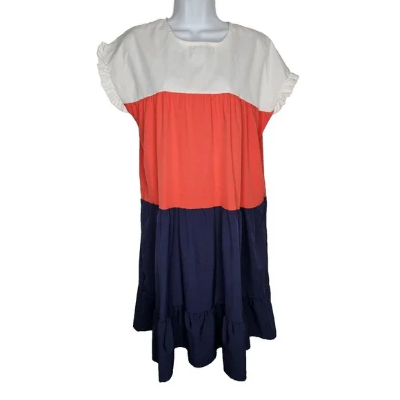 Women's Colorblock Babydoll Dress Red White Navy Tiered Ruffle Hem Boho Summer M - Picture 1 of 6